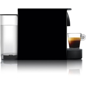 Krups By Krups Essenza Mini Coffee Machine in black, compact capsule design with water tank and freshly brewed espresso cup alongside