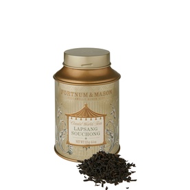 Fortnum & Mason Lapsang Souchong Tea Tin 125g, gold lidded cream tin with loose black tea leaves displayed beside it