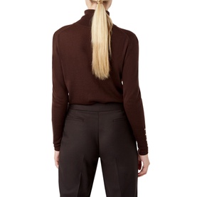 Model wearing Hobbs Lara Roll Neck in brown, back view, styled with dark tailored trousers. Long-sleeved fine knit with roll neck