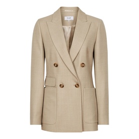 Reiss Larsson Double Breasted Blazer in beige with tortoiseshell buttons, welt pockets, and tailored silhouette