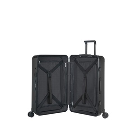 Samsonite Lite Box Alu 69 Spinner in black, open to reveal interior packing straps, cross-brace harness, and four spinner wheels