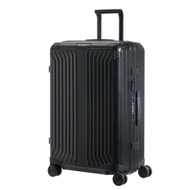 Samsonite Lite Box Alu 69 Spinner suitcase in black, featuring ribbed hardshell exterior, aluminium frame, and four double spinner wheels
