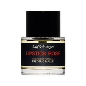 Frederic Malle Lipstick Rose Parfum in a clear glass bottle with black cap and orange label, 50ml