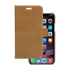 DBramante Lynge iPhone 11 Cover in brown leather, shown open as folio wallet case with phone inserted