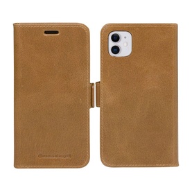 DBramante Lynge iPhone 11 Cover in brown leather, shown open displaying card slots and closed exterior with dual camera cutout
