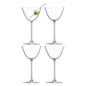 LSA Borough Martini Glasses Set Of Four in clear glass, 195ml capacity, long stem design, one styled with olive garnish and cocktail pick
