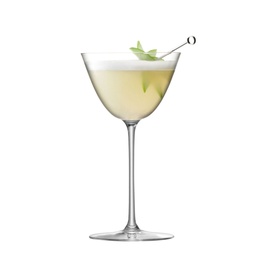 LSA Borough Martini Glass in clear, filled with a pale cocktail and garnished with fresh mint, shown styled on a white background