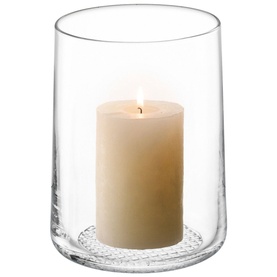 LSA Glassware Market Vase/Lantern in clear glass, styled with a lit cream pillar candle inside