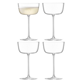 LSA Borough Cocktail Saucers Set Of Four in clear glass, wide shallow bowls on slender stems, one filled with champagne
