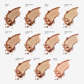 LA PRAIRIE Skin Caviar Powder Foundation SPF15 shade swatches showing 11 shades from ivory to almond beige with bronzed shimmer