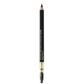 Lanc&ocirc;me Brow Shaping Powdery Pencil in dark brown, slim black barrel with gold branding and spoolie brush tip