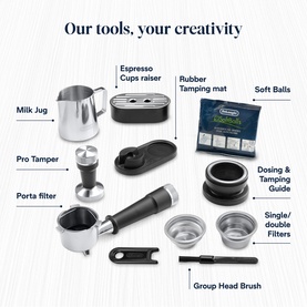 Flat-lay of De'Longhi barista accessories including milk jug, tamper, porta filter, espresso cup raiser, tamping mat, filters, and group head brush.