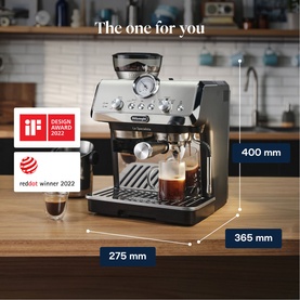 De'Longhi La Specialista Arte Manual Espresso Maker with dimensions shown: 275mm wide, 365mm deep