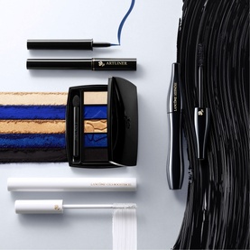 Lanc&ocirc;me Hypn&ocirc;se Drama Eyeshadow Palette in blue and gold tones, shown alongside matching liner and mascara on white background