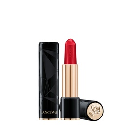 Lanc&ocirc;me L'Absolu Rouge Ruby Cream lipstick in vivid red, shown with cap removed, in black and gold geometric case