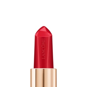 LANC&Ocirc;ME L'Absolu Rouge Ruby Cream lipstick, vivid red bullet shown without cap, gold-tone casing with embossed branding