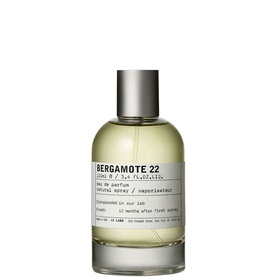 Le Labo Bergamote 22 Eau de Parfum, large clear glass bottle with silver cap and white label, natural spray