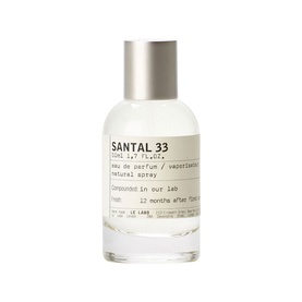 Le Labo SANTAL 33 Eau de Parfum in clear glass bottle with brushed silver cap, 50ml natural spray