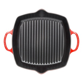 Le Creuset Signature Cast Iron Deep Square Grill 30cm in red, overhead view showing ridged cooking surface and dual red handles
