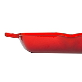 Le Creuset Signature Cast Iron Deep Square Grill 30cm in red, showing deep walls and easy-grip handle, side angle view