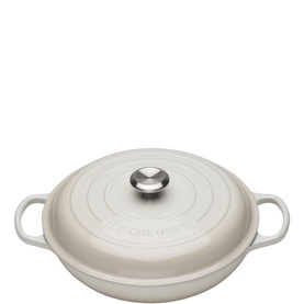 Le Creuset Signature Cast Iron Shallow Casserole 30cm in Cream with dual handles, tight-fitting lid and stainless steel knob