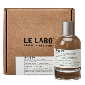 Le Labo BAIE 19 Eau de Parfum bottle with branded kraft box, clear glass flacon with silver cap and label detail