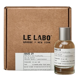 Le Labo BAIE 19 Eau de Parfum bottle with branded kraft box, silver cap, natural spray, unisex fragrance