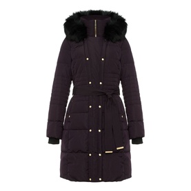 Phase Eight Leonor Tie Belt Midi Puffer Coat in purple with faux fur hood trim, fabric tie belt, and gold-tone press stud fastenings