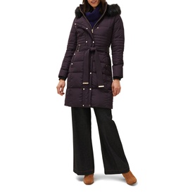 Model wearing Phase Eight Leonor Tie Belt Midi Puffer Coat in purple with faux fur collar, gold hardware and fabric belt