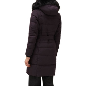 Model wearing Phase Eight Leonor Tie Belt Midi Puffer Coat in purple, rear view, showing faux fur hood, ribbed quilting and fabric tie belt