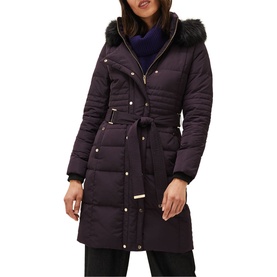 Model wearing Phase Eight Leonor Tie Belt Midi Puffer Coat in purple, with ribbed quilting, faux fur hood trim, and fabric tie belt
