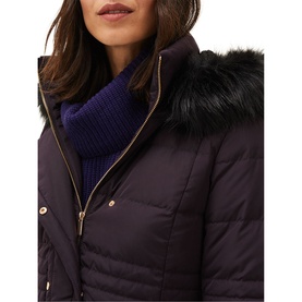 Model wearing Phase Eight Leonor Tie Belt Midi Puffer Coat in purple, showing detachable black faux fur collar and gold zip