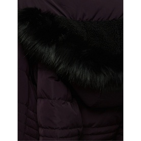 Phase Eight Leonor Tie Belt Midi Puffer Coat in purple, close-up of detachable black faux fur collar and hood detail