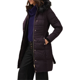 Model wearing Phase Eight Leonor Tie Belt Midi Puffer Coat in purple, with ribbed quilting, faux fur hood trim and gold-tone hardware