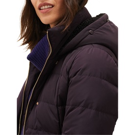 Model wearing Phase Eight Leonor Tie Belt Midi Puffer Coat in purple, showing detachable faux fur collar, ribbed quilting and gold zip detail