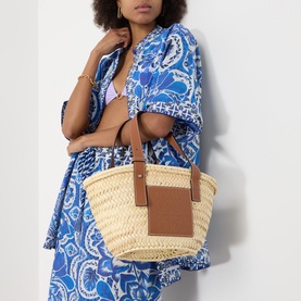 Small Palm Leaf & Calfskin Basket Bag