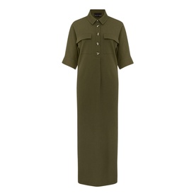 Phase Eight Lucina Midi Dress in green, short sleeve shirt style with collar, half button placket, patch pockets and relaxed fit