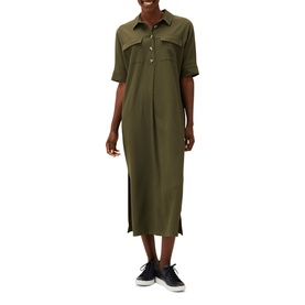 Model wearing Phase Eight Lucina Midi Dress in green, short sleeve shirt style with half button placket, patch pockets and relaxed fit
