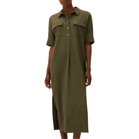 Model wearing Phase Eight Lucina Midi Dress in green, short sleeve shirt style with half button placket, patch pocket and side split