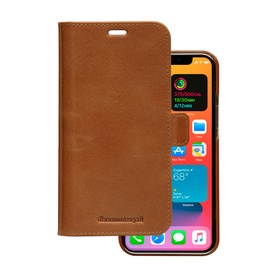 DBramante Lynge iPhone 12 Pro Max 6.7 Inch 2-In-1 Case in brown leather, shown open revealing phone screen and card slot