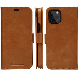 DBramante Lynge iPhone 12 Pro Max 6.7 Inch 2-In-1 Case in brown leather, shown open and closed views revealing wallet interior