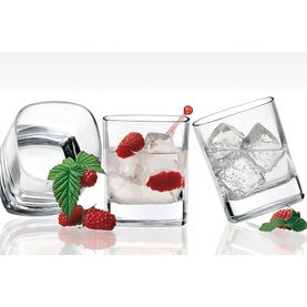 Luigi Bormioli Strauss Whisky 290ml clear glasses, set of three shown with ice cubes, raspberries, and mint garnish