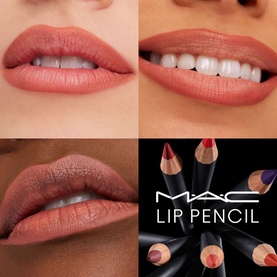 MAC Lip Pencil in Boldly Bare, a nude-pink shade, shown on three models' lips with multiple pencil shades displayed