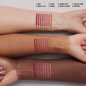 MAC Lip Pencil shade swatches across three skin tones, showing 8 shades including Boldly Bare, ranging from nude to deep berry