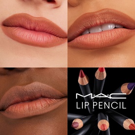 MAC Lip Pencil in Stripdown; collage showing three models' lips in nude shades and three pencils in nude, red, and purple tones