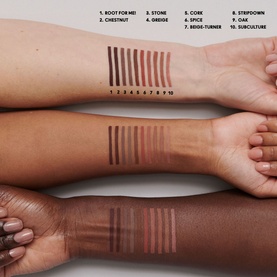 Three arms with varied skin tones showing MAC Lip Pencil swatches in 10 shades including Stripdown, from nude to deep brown tones