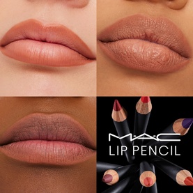 MAC Lip Pencil in Beige-Turner, 1.45g, shown on three skin tones with multiple pencil shades fanned out beside MAC branding