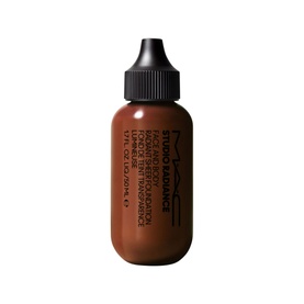 MAC Studio Radiance Face And Body Radiant Sheer Foundation in deep brown shade, 50ml dropper bottle with black cap