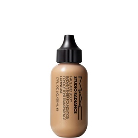 MAC Studio Radiance Face And Body Radiant Sheer Foundation in warm beige tone, 50ml bottle with black cap