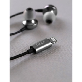 RHA MA650i Lightning Headphones with Microphone in gunmetal grey, showing Lightning connector and in-ear tips close-up